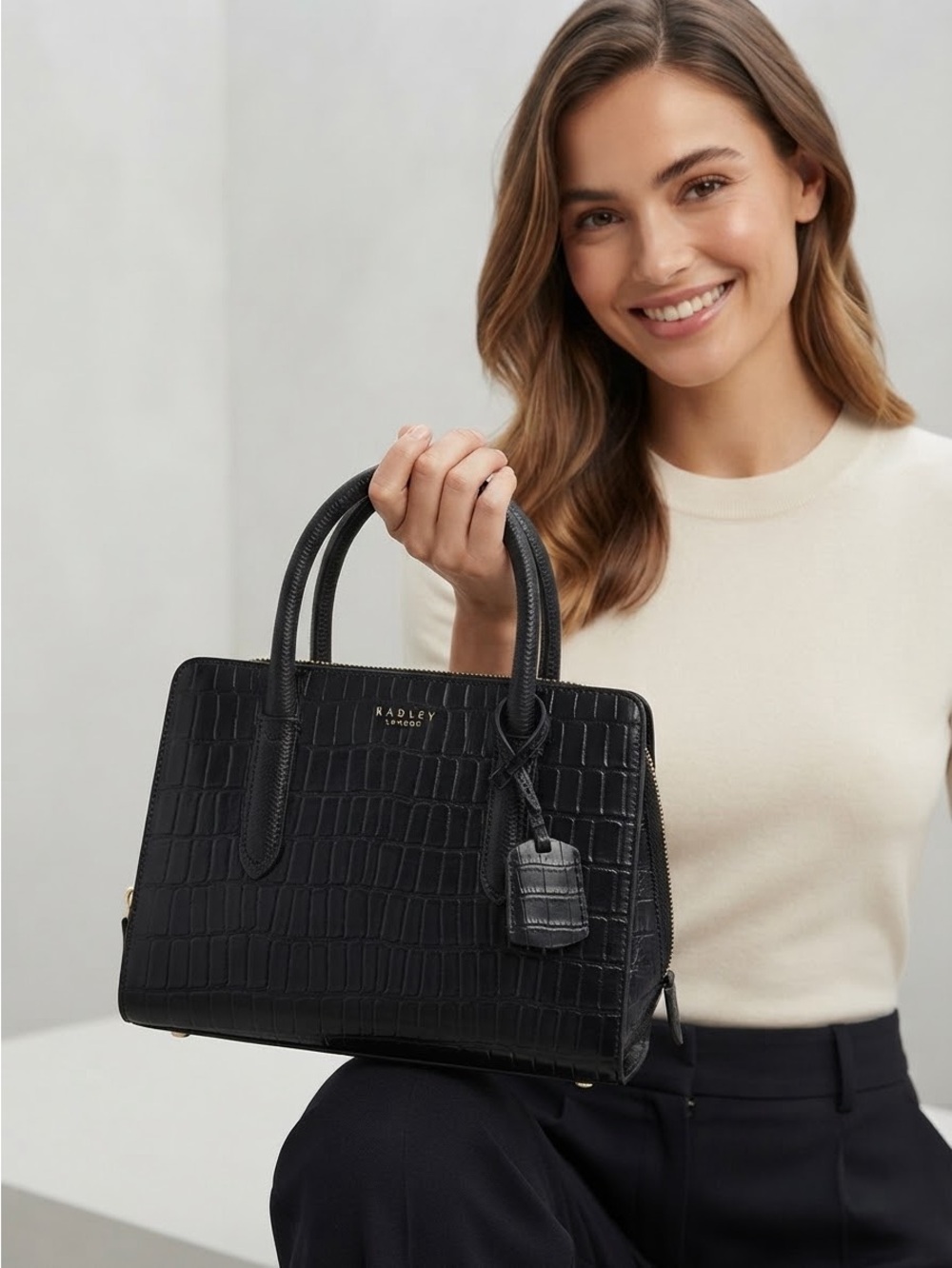 RADLEY LONDON Black Croc-Embossed Leather Satchel with Gold Hardware